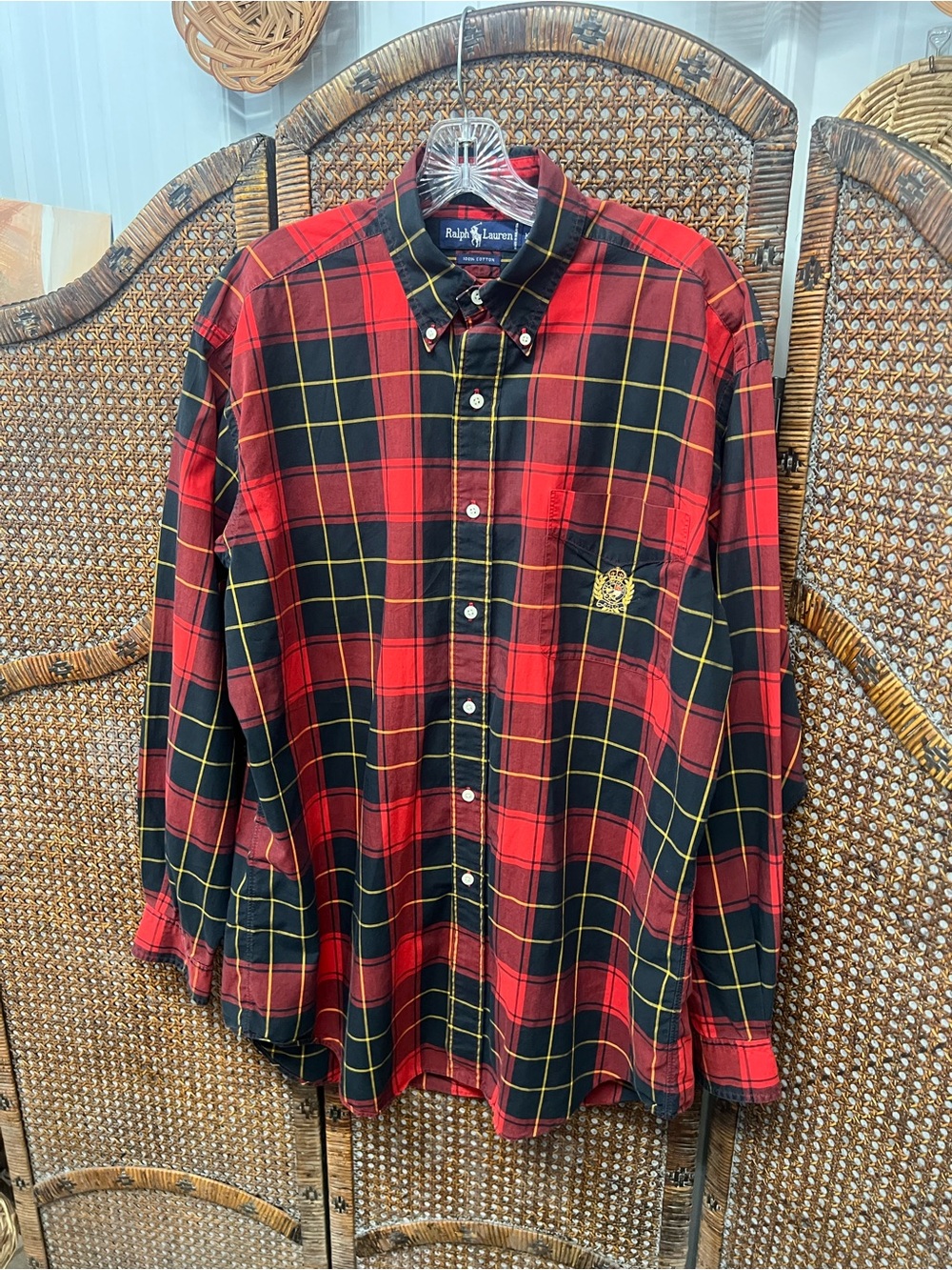 Vintage Ralph Lauren button down long sleeve red plaid tartan black yellow crest